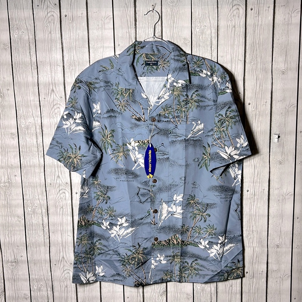 Tropical Storm Mens Aloha Shirt XL Hawaiian island Flowers Palm Trees